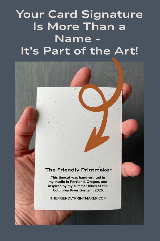 person holding a greeting card featuring the back card signature