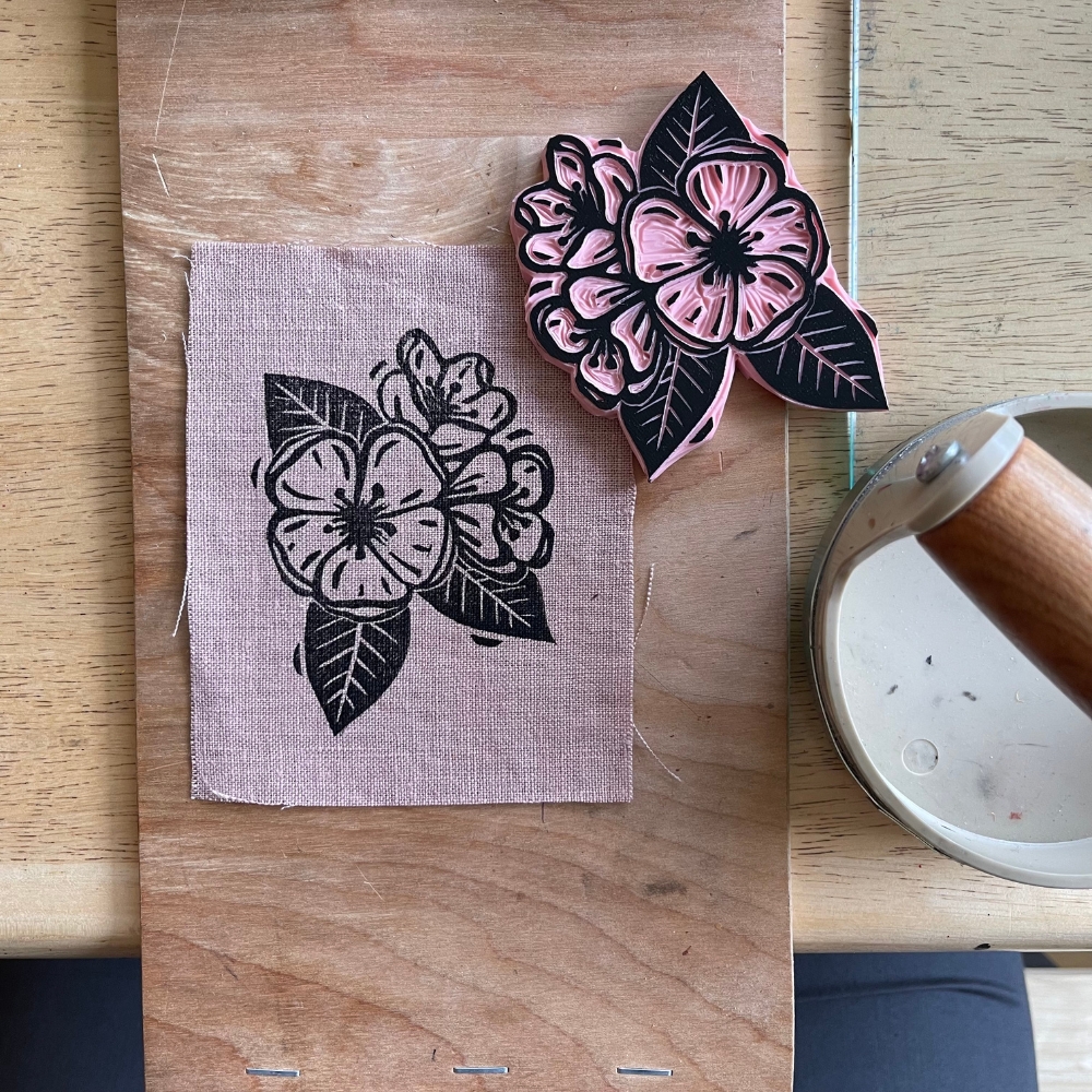 pink apple blossom flower linen block print patch printed with the carved block and hand press